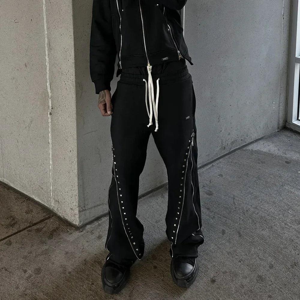 Studded Triple Zip Flared Sweatpants - DEMIK EXCLUSIVES - VENTURER