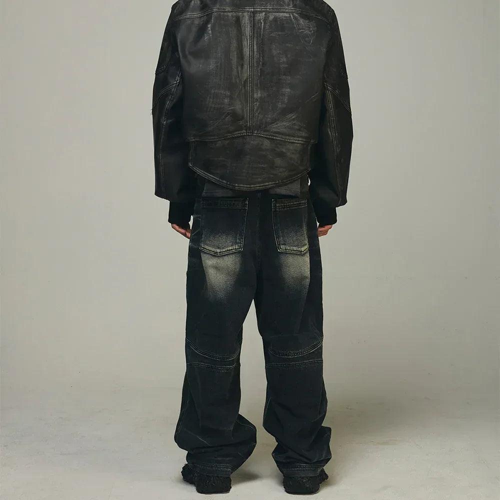 Embossed Wave Washing Wide Denim Pants - BLR BLUER - VENTURER