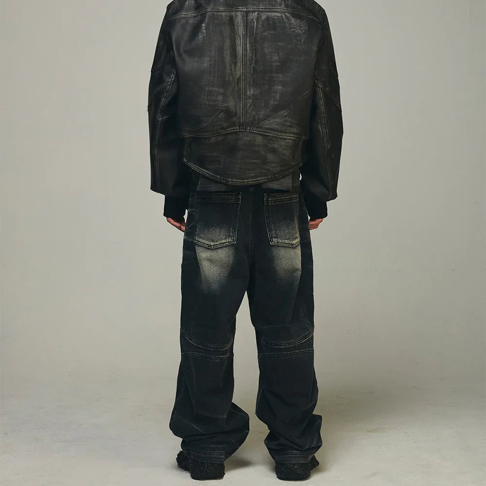 Embossed Wave Washing Wide Denim Pants - BLR BLUER - VENTURER