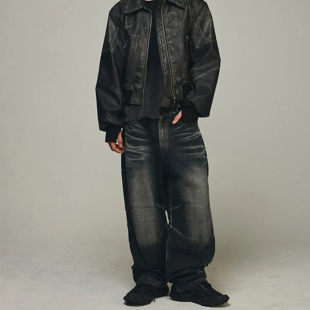 Embossed Wave Washing Wide Denim Pants - BLR BLUER - VENTURER