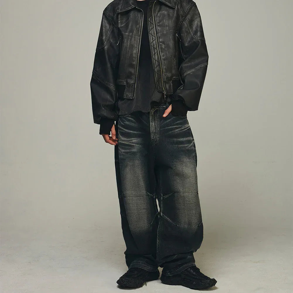 Embossed Wave Washing Wide Denim Pants - BLR BLUER - VENTURER