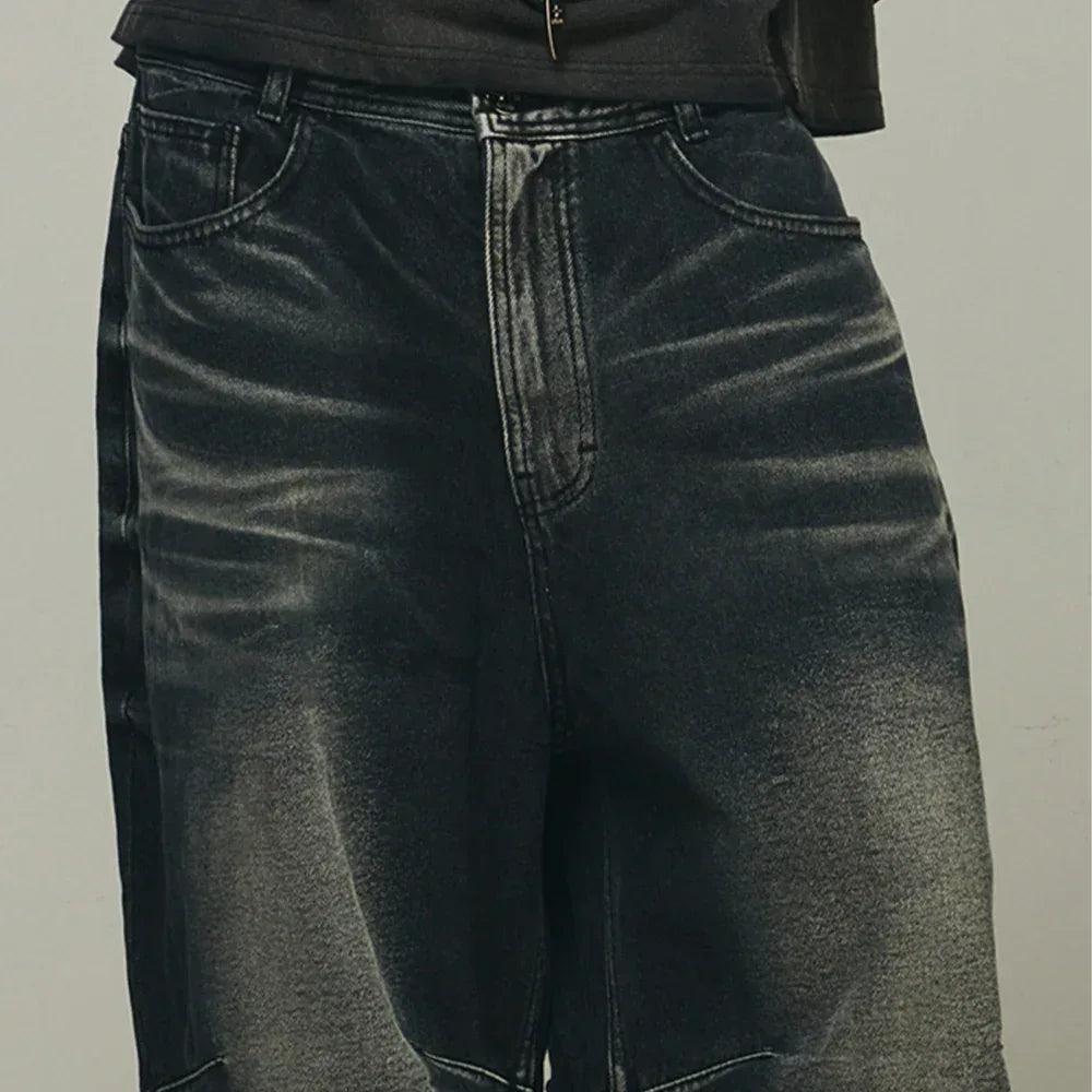 Embossed Wave Washing Wide Denim Pants - BLR BLUER - VENTURER