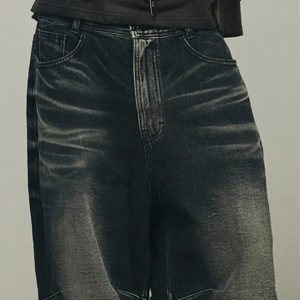 Embossed Wave Washing Wide Denim Pants - BLR BLUER - VENTURER