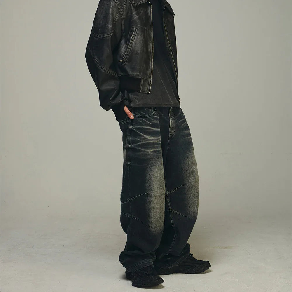 Embossed Wave Washing Wide Denim Pants - BLR BLUER - VENTURER