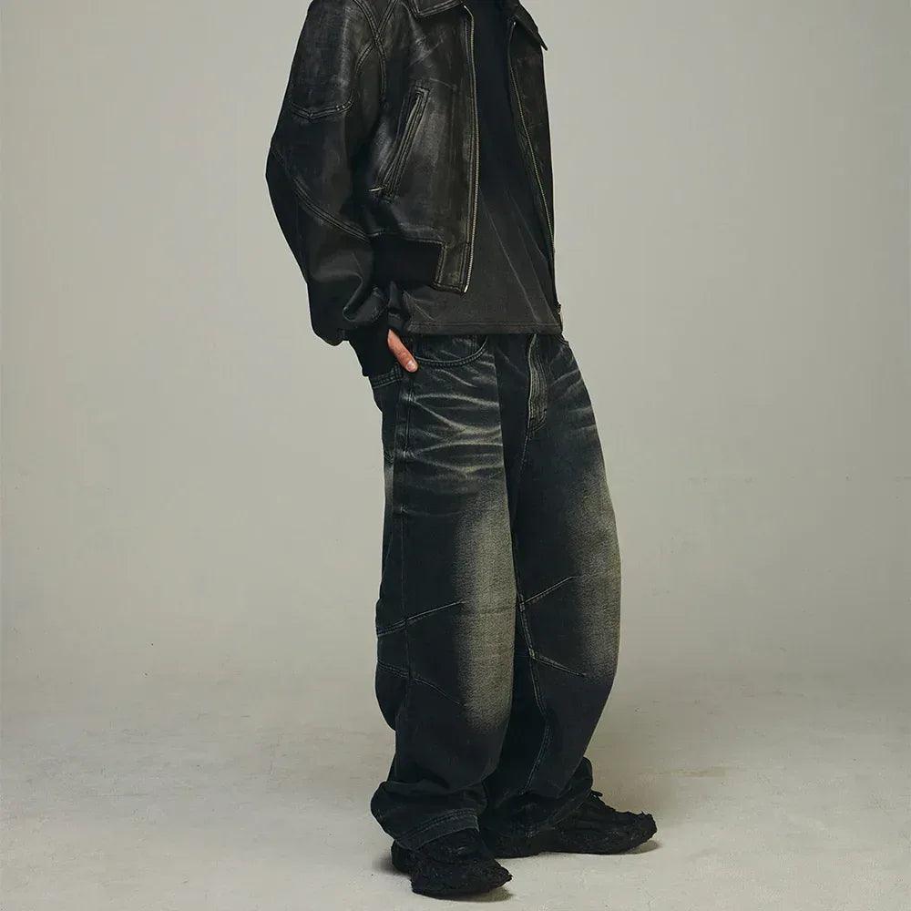 Embossed Wave Washing Wide Denim Pants - BLR BLUER - VENTURER