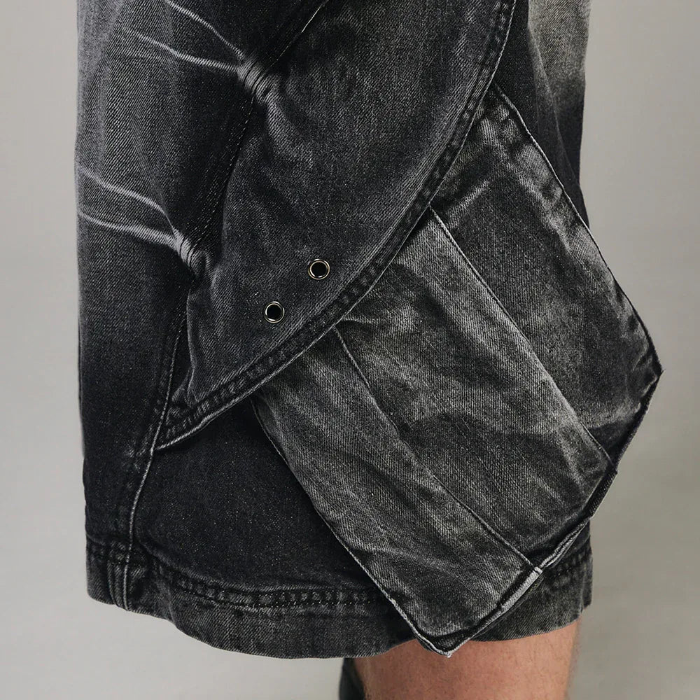 Curved Cover Cargo Bermuda Washing Denim Shorts - BLR BLUER - VENTURER