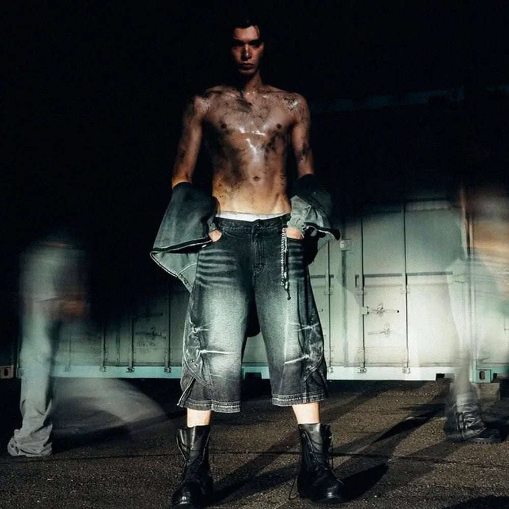 Curved Cover Cargo Bermuda Washing Denim Shorts - BLR BLUER - VENTURER