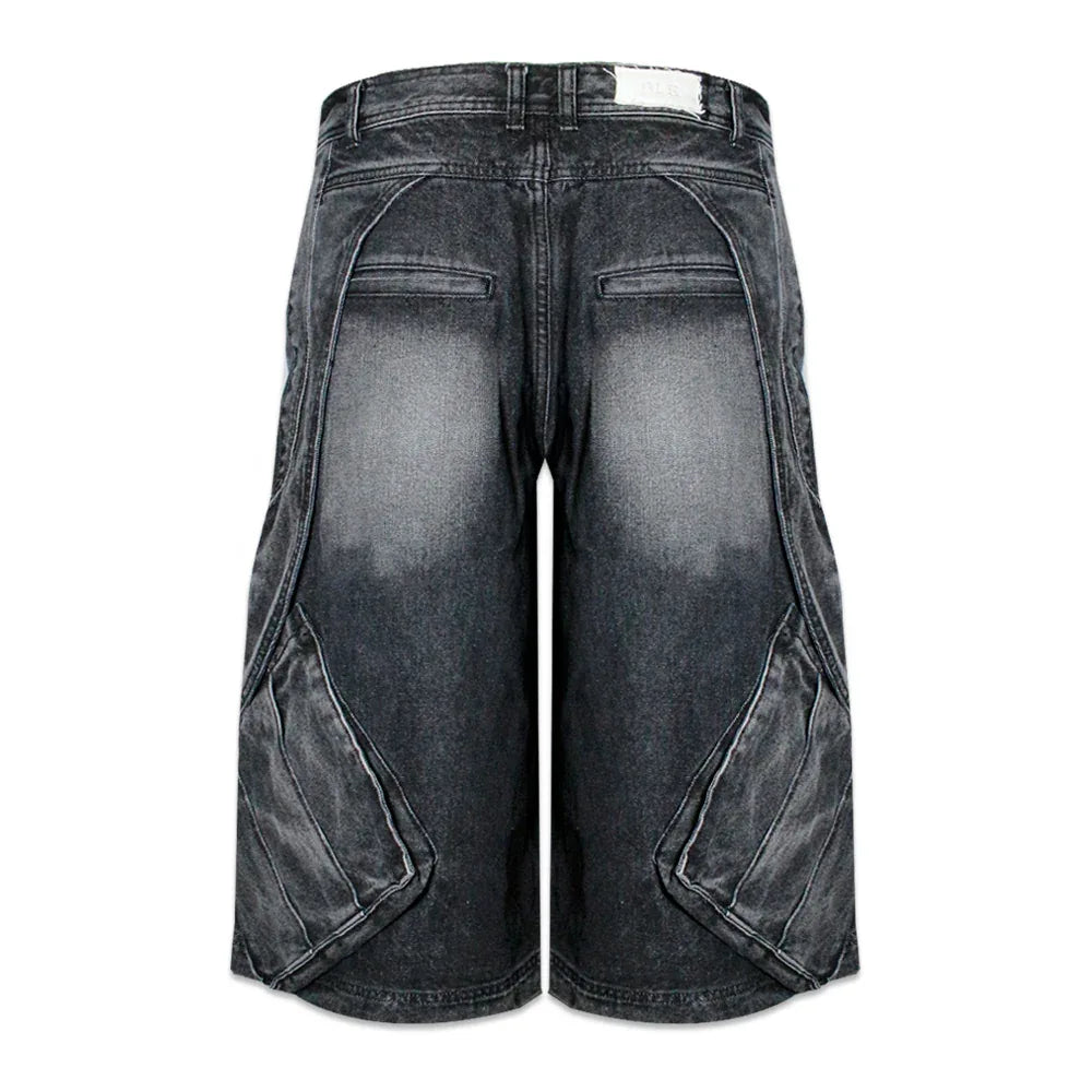 Curved Cover Cargo Bermuda Washing Denim Shorts - BLR BLUER - VENTURER