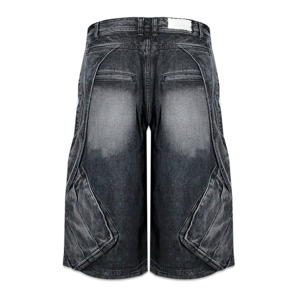 Curved Cover Cargo Bermuda Washing Denim Shorts