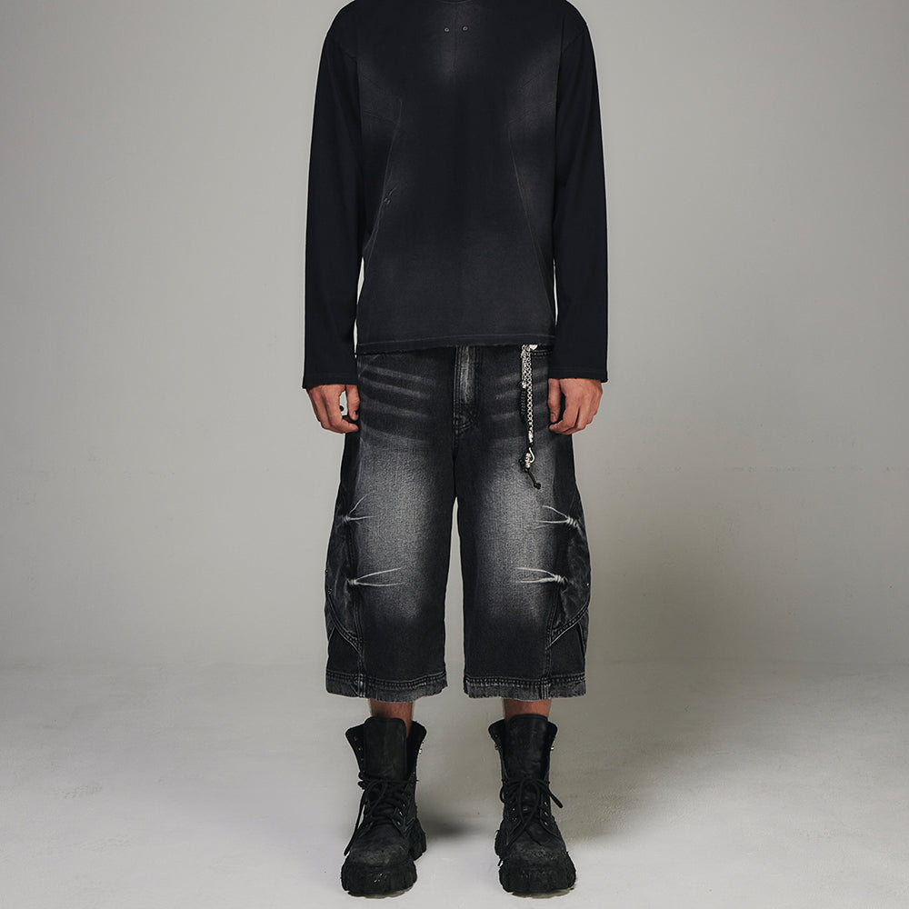 Curved Cover Cargo Bermuda Washing Denim Shorts