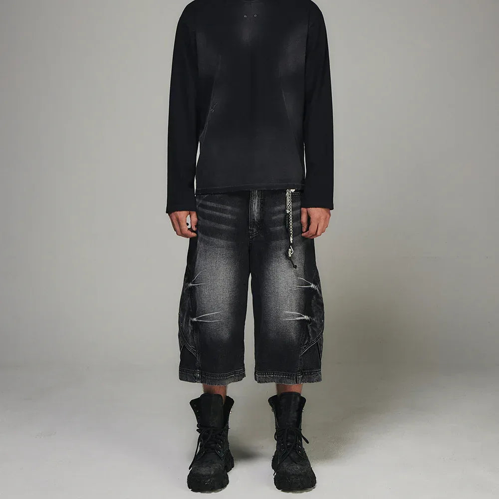 Curved Cover Cargo Bermuda Washing Denim Shorts - BLR BLUER - VENTURER