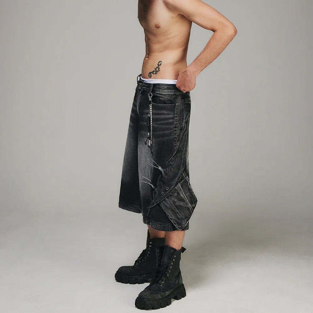 Curved Cover Cargo Bermuda Washing Denim Shorts - BLR BLUER - VENTURER