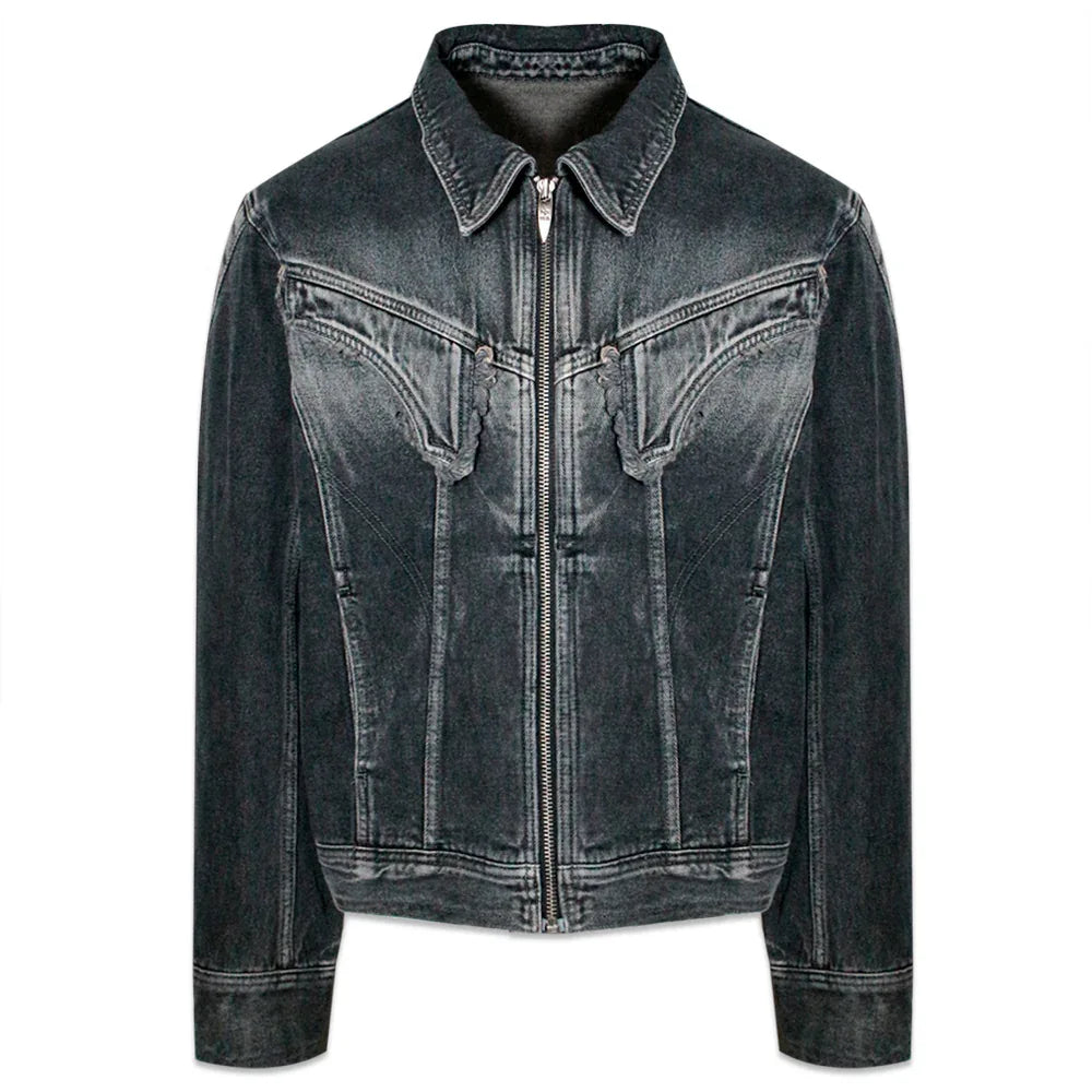 Dyed Curved Line Denim Trucker Jacket - BLR BLUER - VENTURER