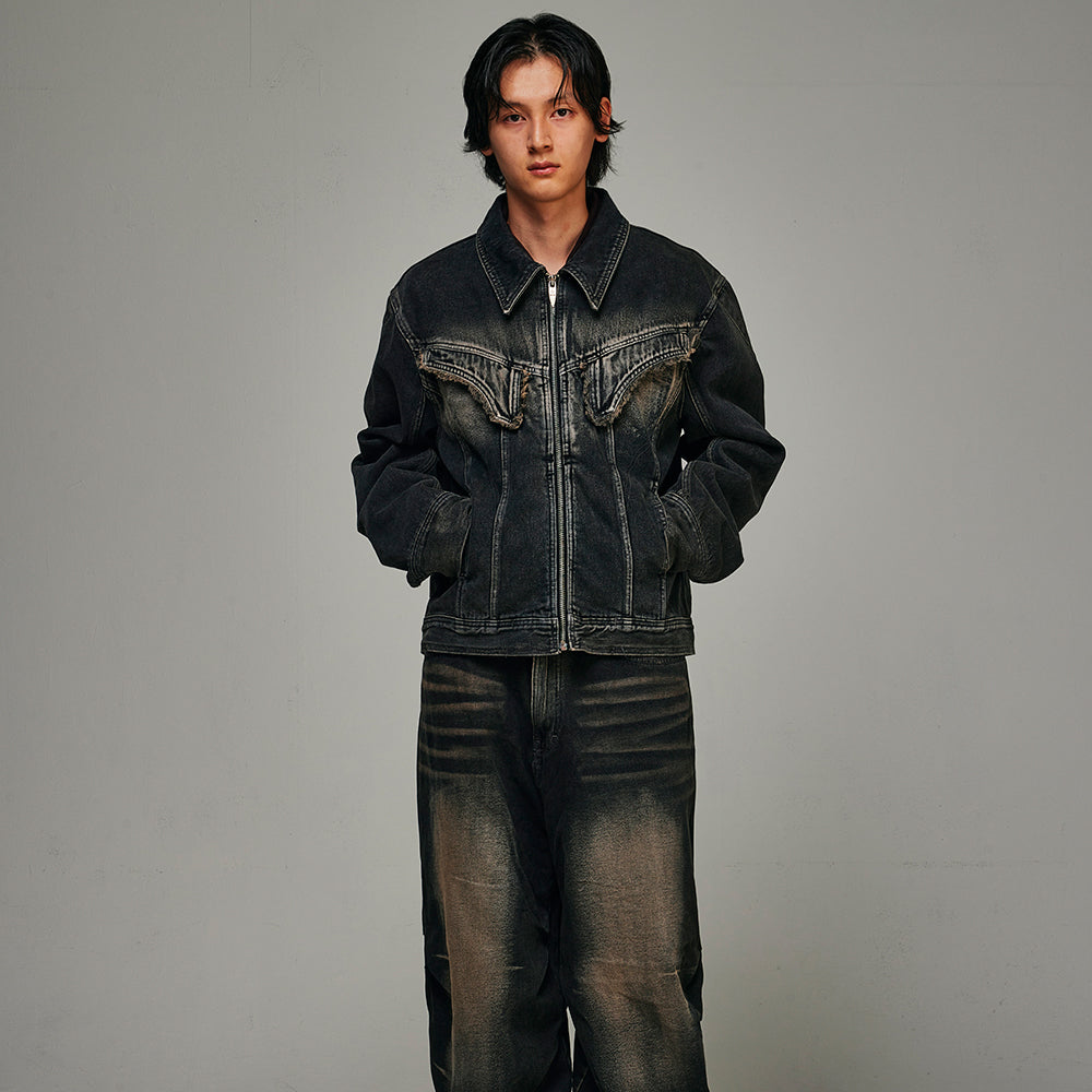 Dyed Curved Line Denim Trucker Jacket