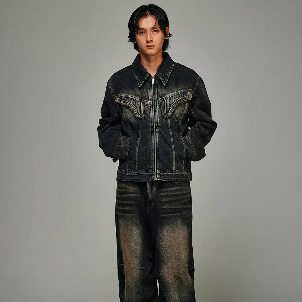 Dyed Curved Line Denim Trucker Jacket - BLR BLUER - VENTURER