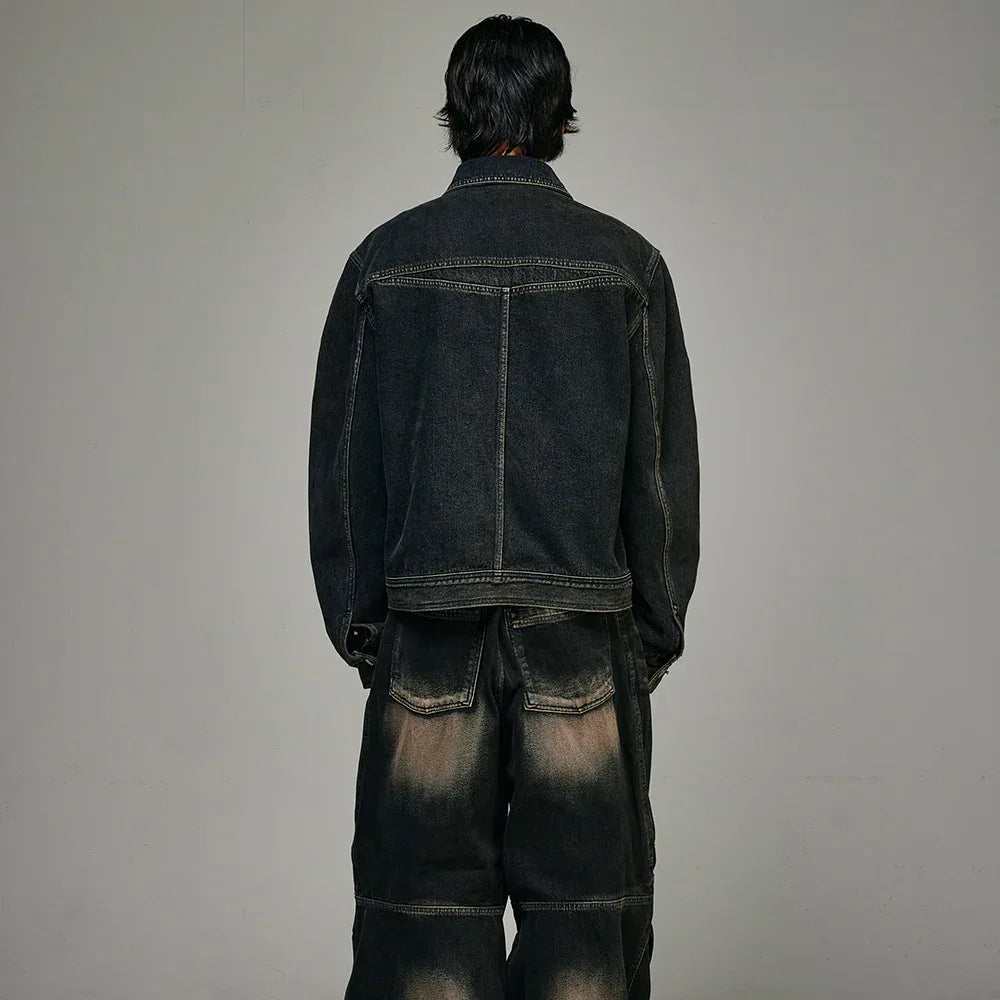 Dyed Curved Line Denim Trucker Jacket - BLR BLUER - VENTURER