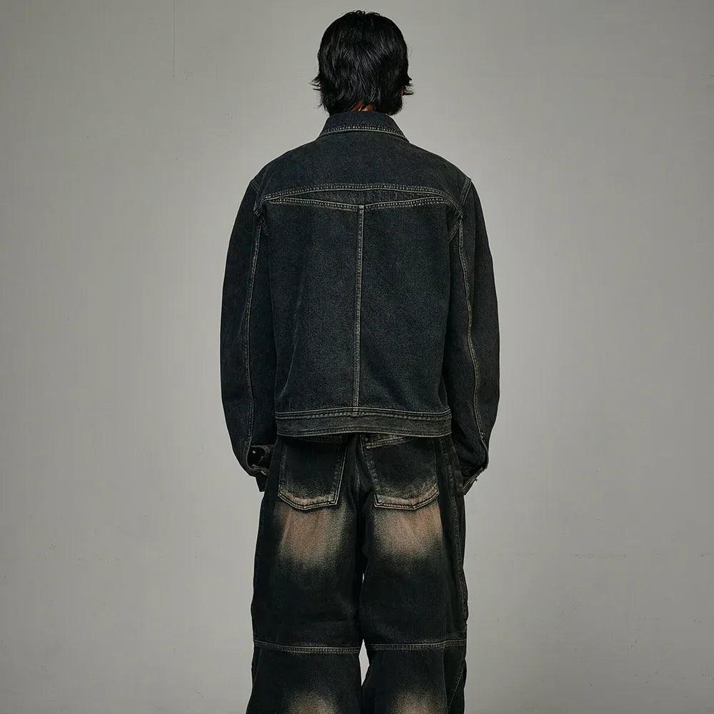 Dyed Curved Line Denim Trucker Jacket - BLR BLUER - VENTURER