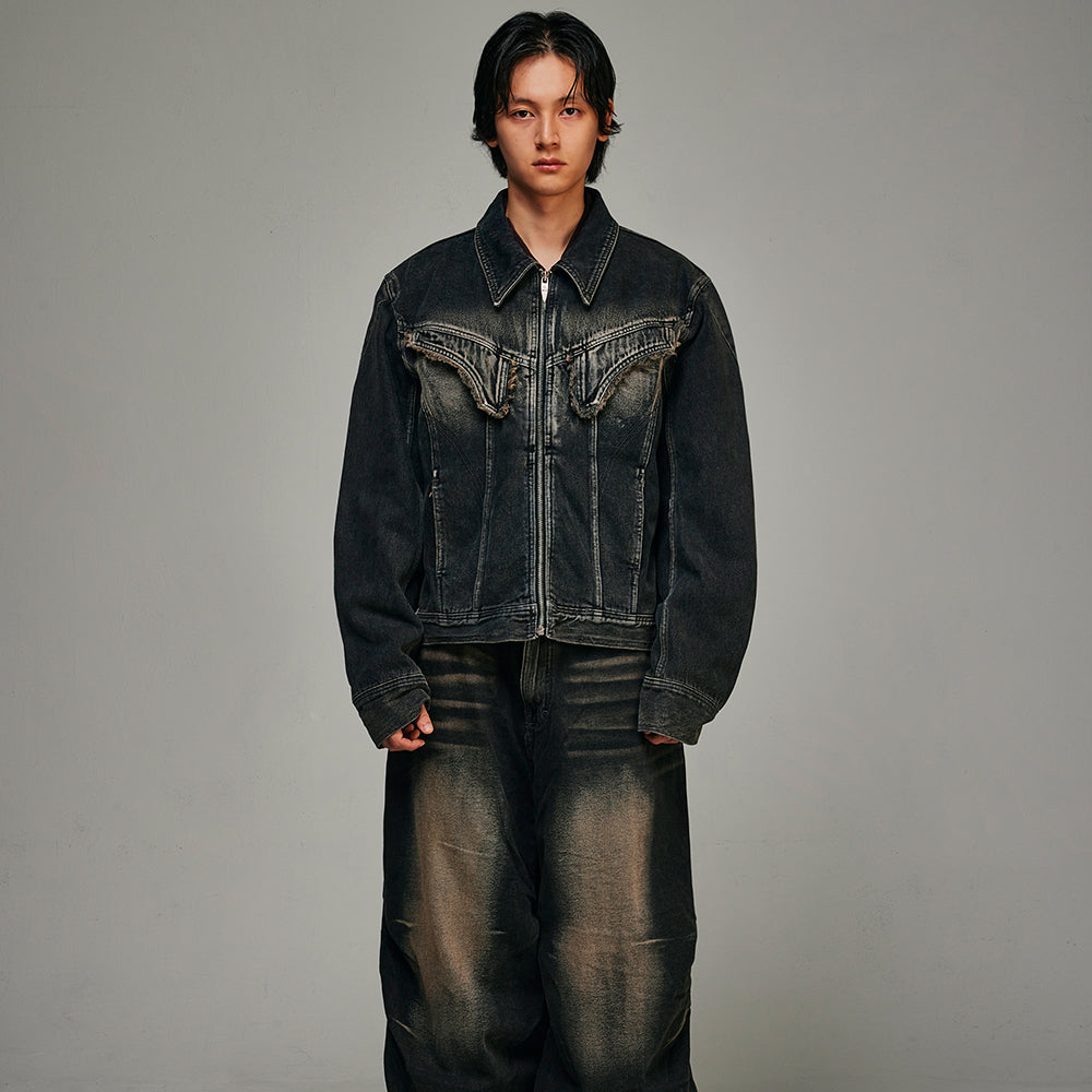 Dyed Curved Line Denim Trucker Jacket