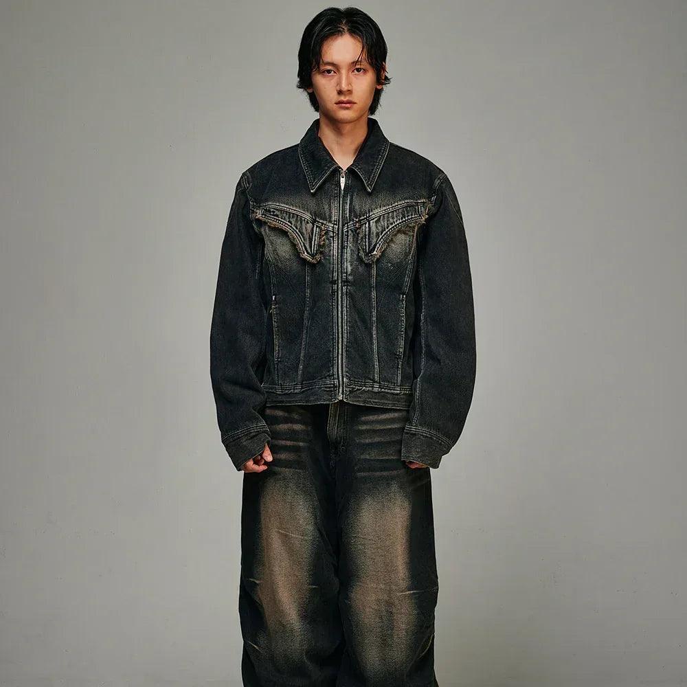 Dyed Curved Line Denim Trucker Jacket - BLR BLUER - VENTURER