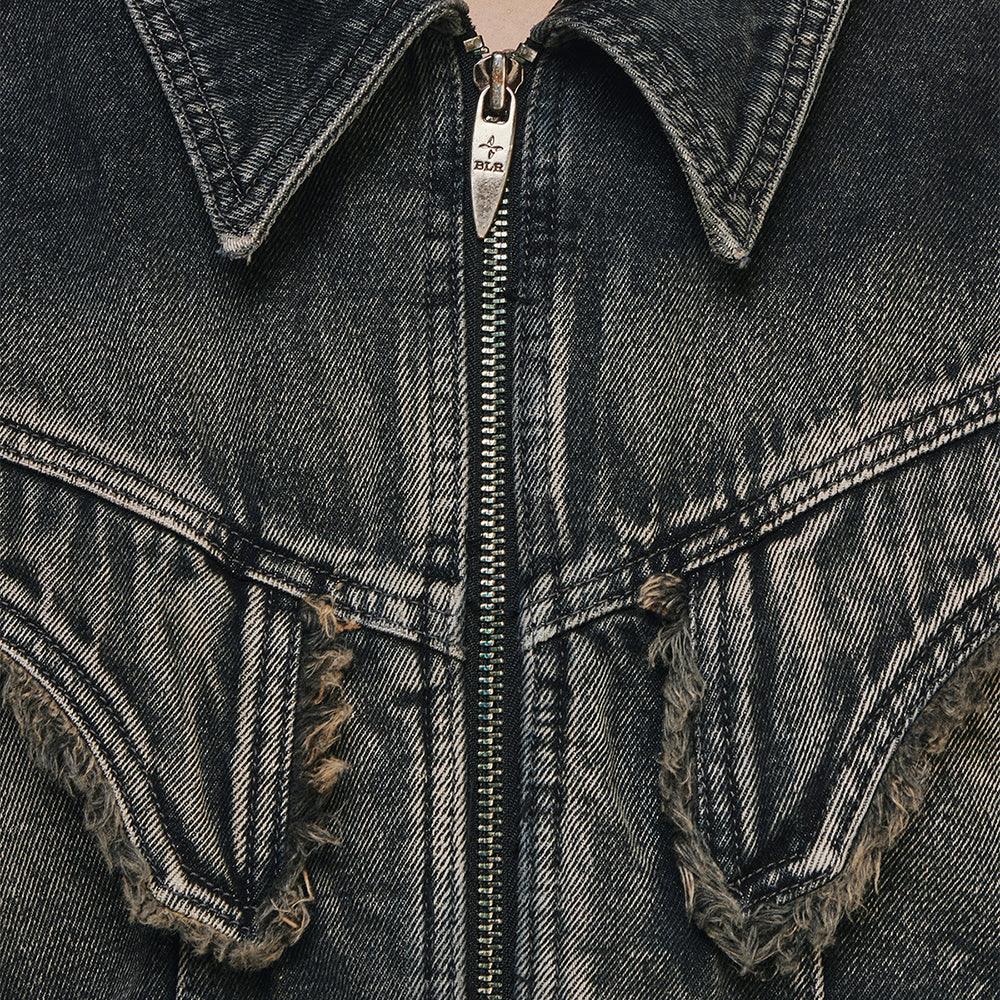 Dyed Curved Line Denim Trucker Jacket - BLR BLUER - VENTURER