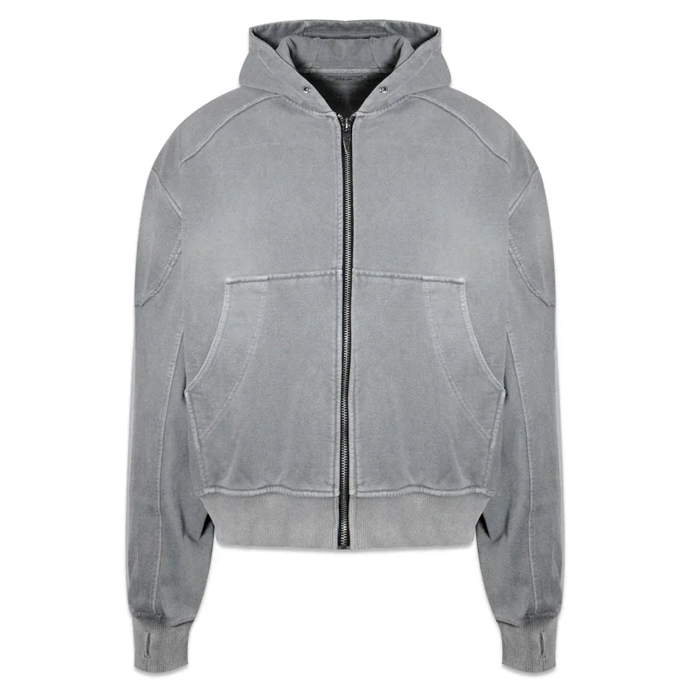 Bleached Curved Incision Zip Hoodie - BLR BLUER - VENTURER