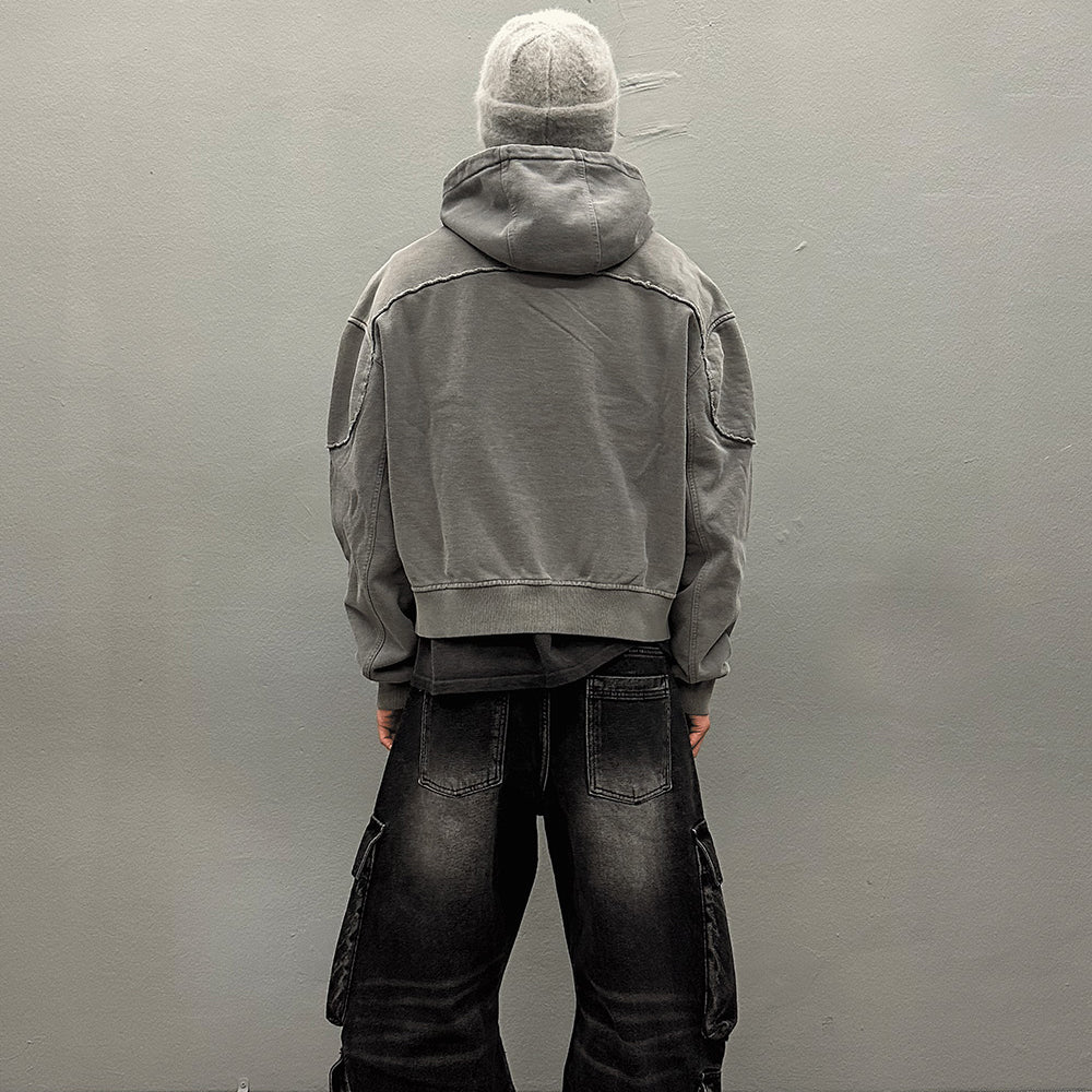 Bleached Curved Incision Zip Hoodie