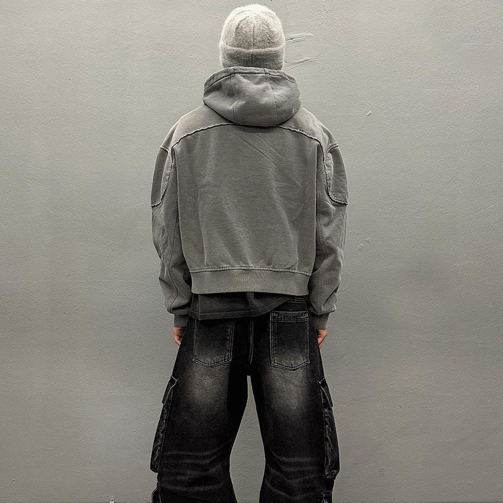 Bleached Curved Incision Zip Hoodie - BLR BLUER - VENTURER