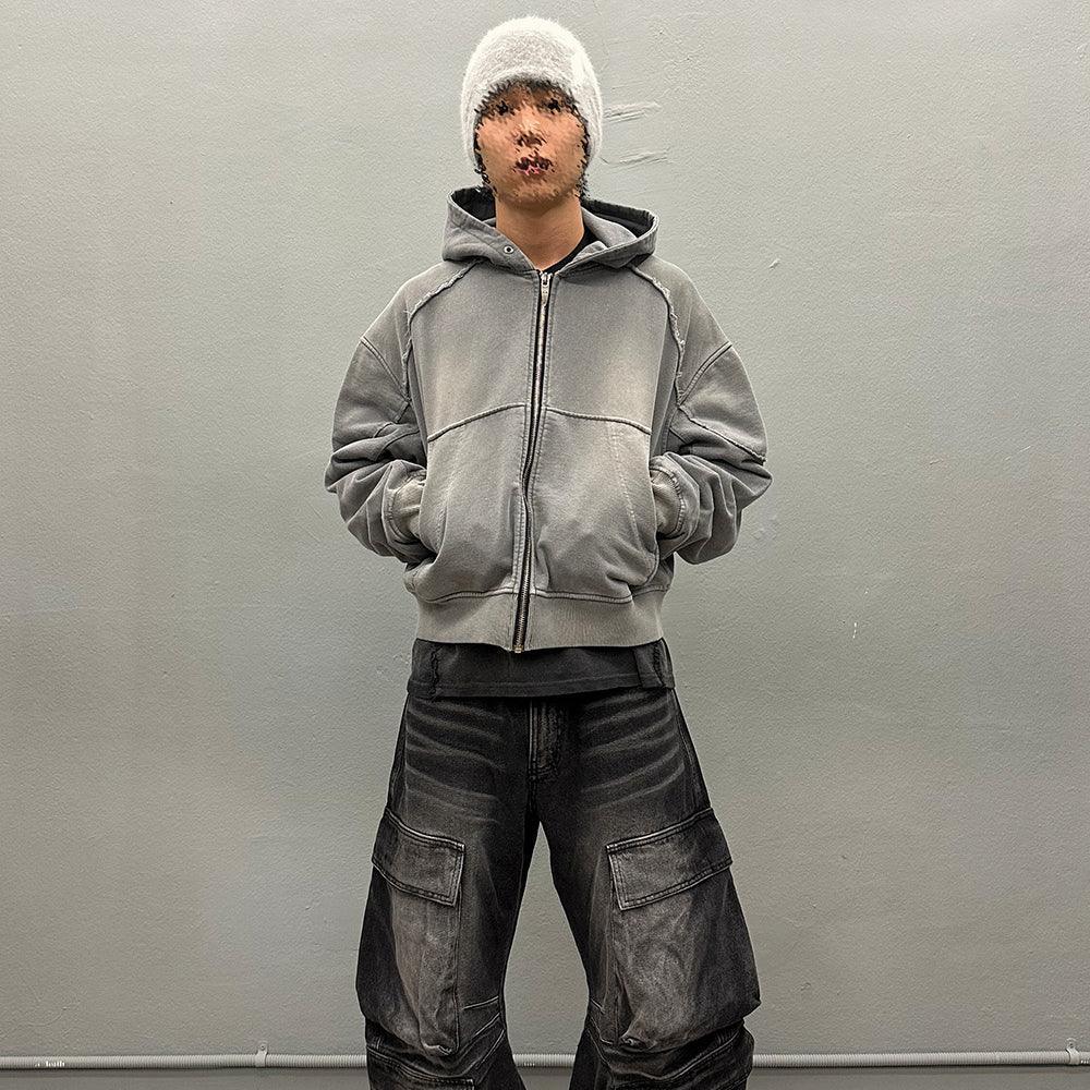 Bleached Curved Incision Zip Hoodie - BLR BLUER - VENTURER