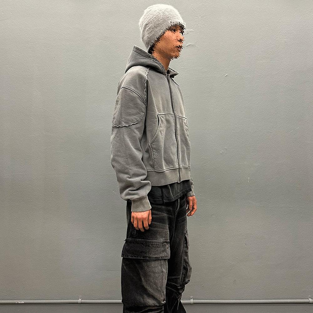 Bleached Curved Incision Zip Hoodie - BLR BLUER - VENTURER