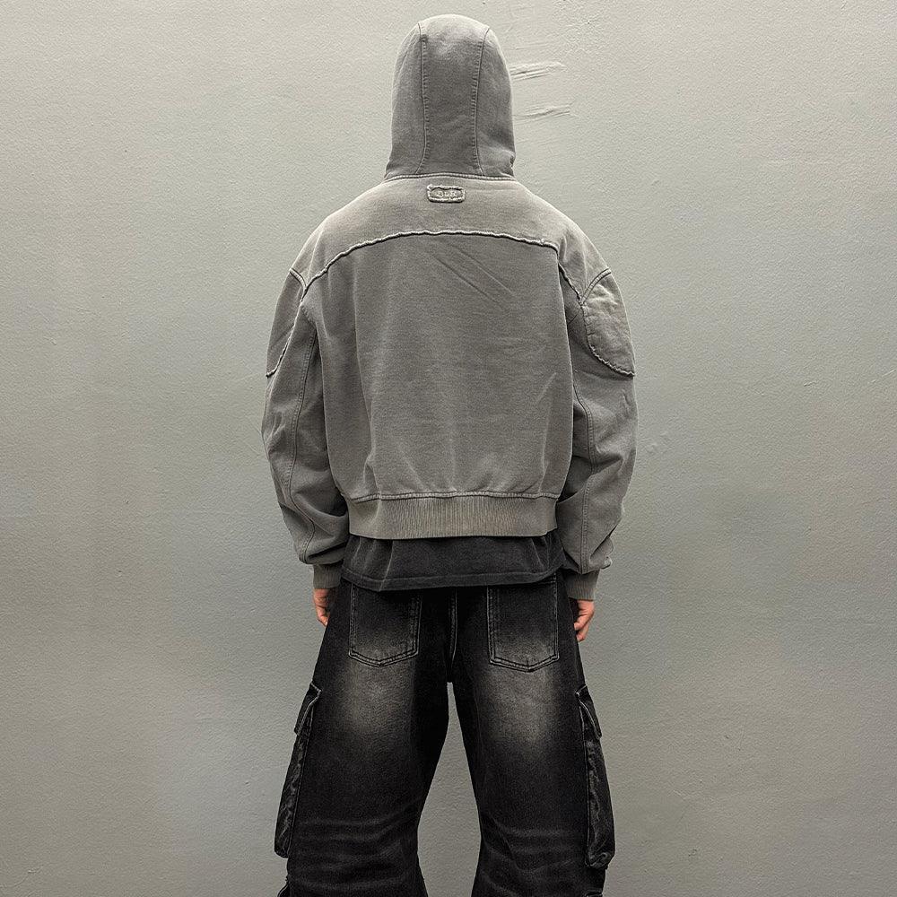 Bleached Curved Incision Zip Hoodie - BLR BLUER - VENTURER