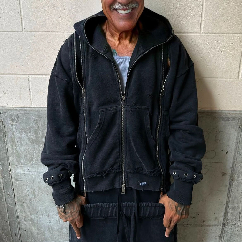 Distressed Triple Zip Hoodie