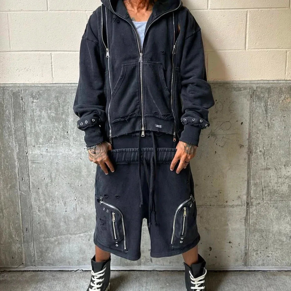 Distressed Triple Zip Hoodie - DEMIK EXCLUSIVES - VENTURER
