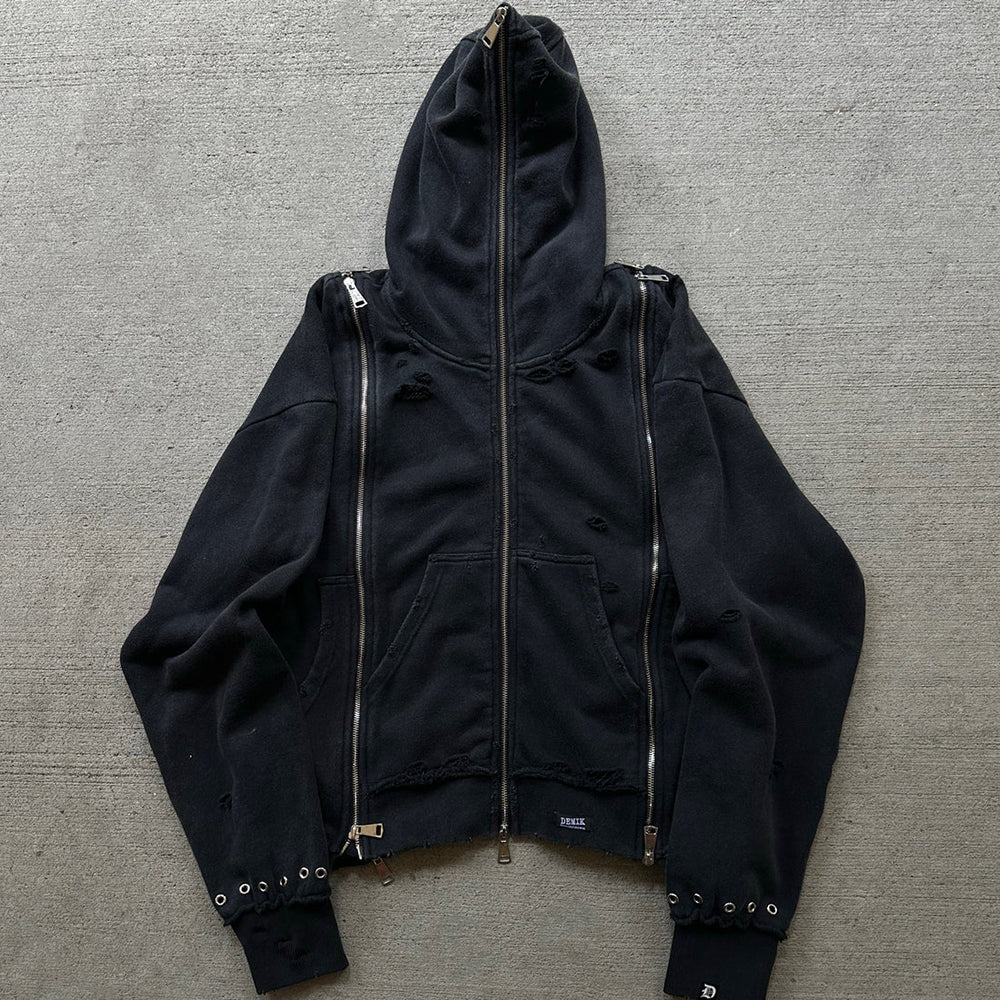 Distressed Triple Zip Hoodie