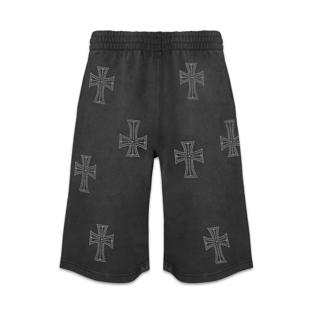 Outline Cross Rhinestone Baggy Sweat Shorts - UNKNOWN LONDON - VENTURER