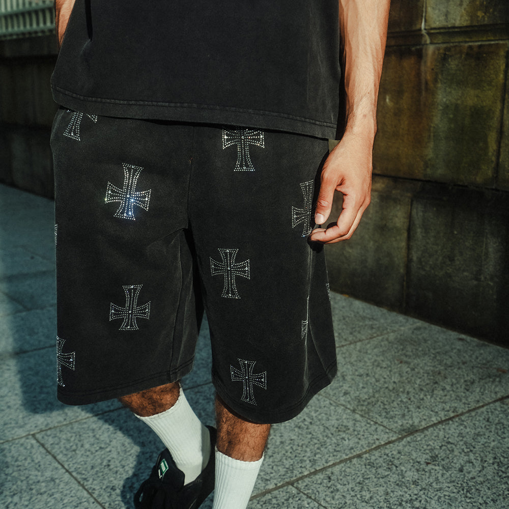 Outline Cross Rhinestone Baggy Sweat Shorts