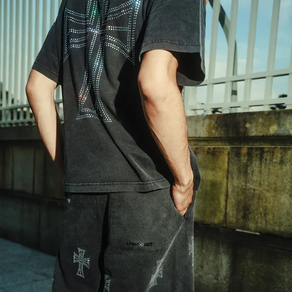Outline Cross Rhinestone Baggy Sweat Shorts - UNKNOWN LONDON - VENTURER