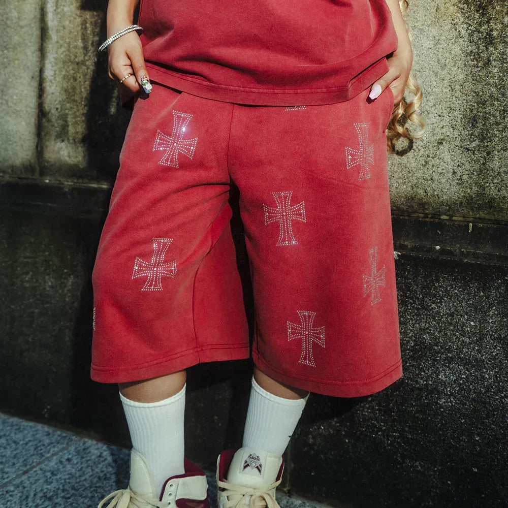 Outline Cross Rhinestone Baggy Sweat Shorts - UNKNOWN LONDON - VENTURER