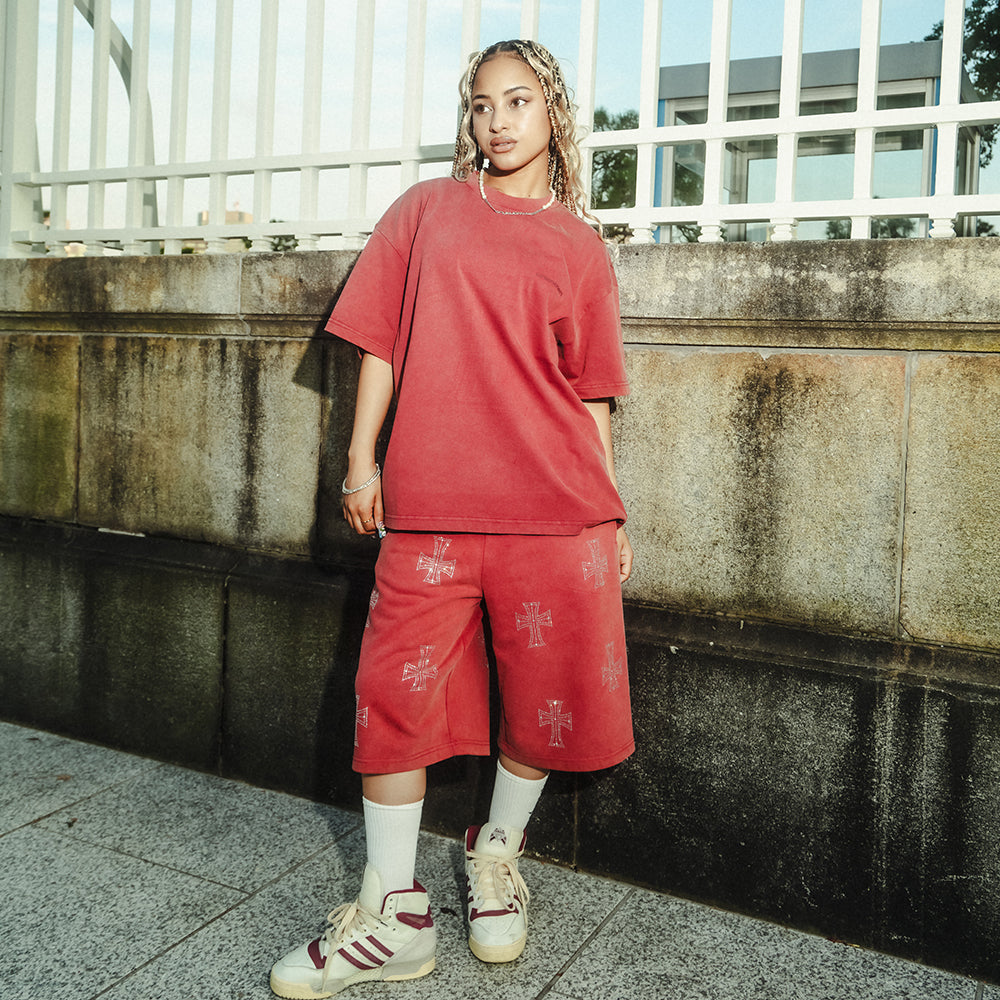 Outline Cross Rhinestone Baggy Sweat Shorts