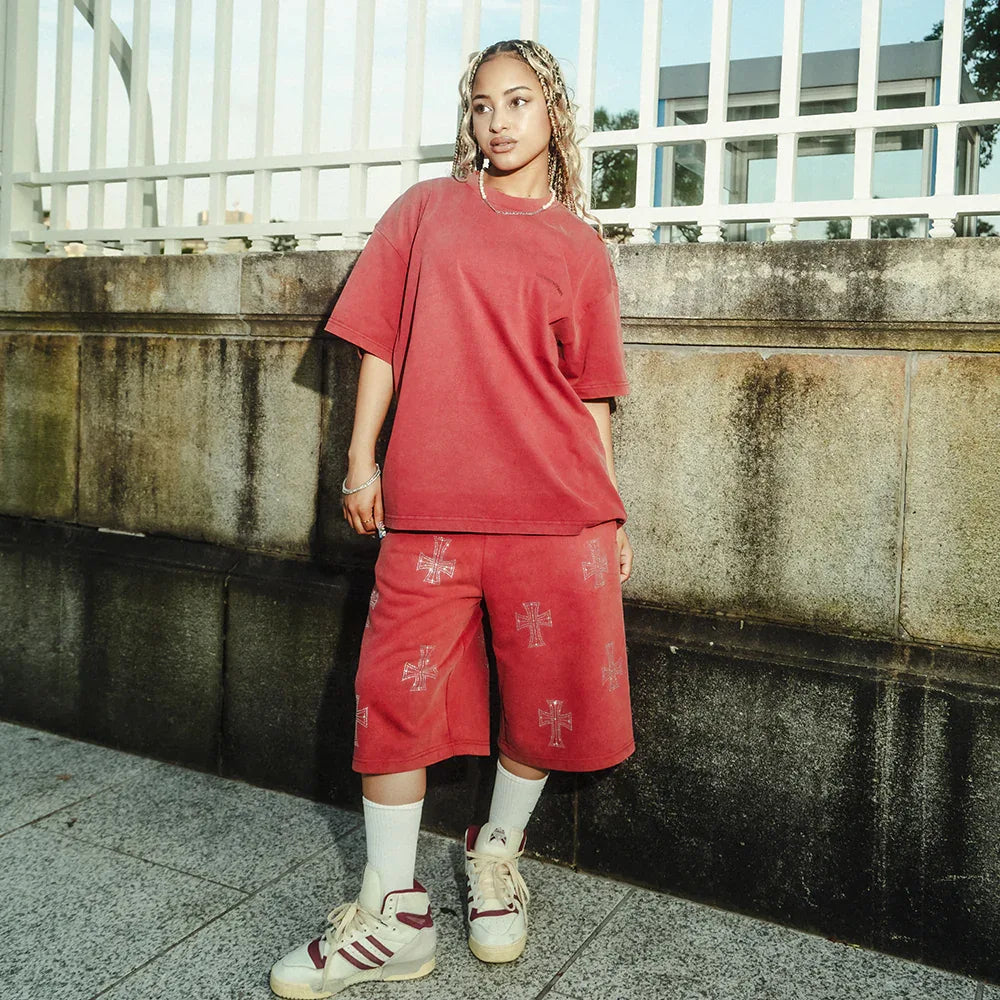 Outline Cross Rhinestone Baggy Sweat Shorts - UNKNOWN LONDON - VENTURER