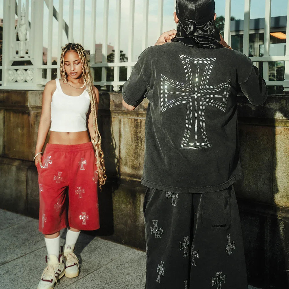 Outline Cross Rhinestone Baggy Sweat Shorts - UNKNOWN LONDON - VENTURER