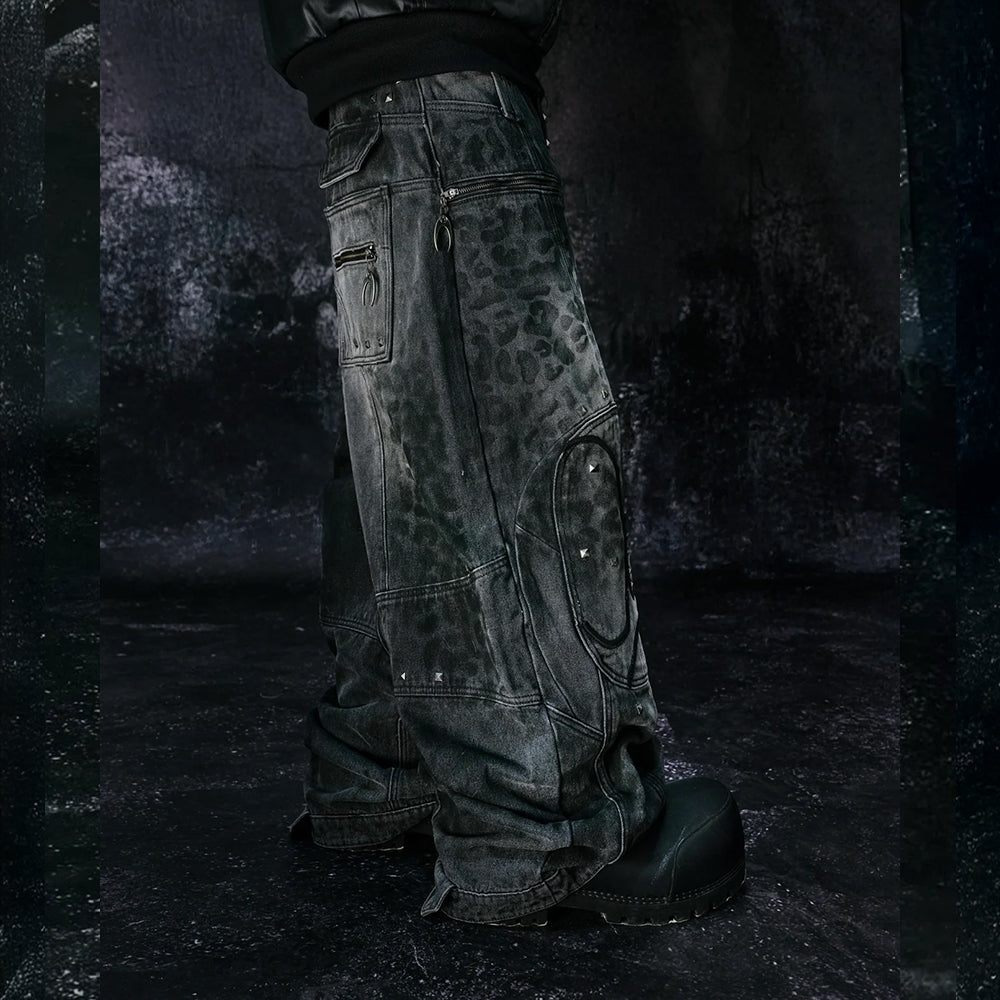 Leopard Waxed Gray Baggy Jeans