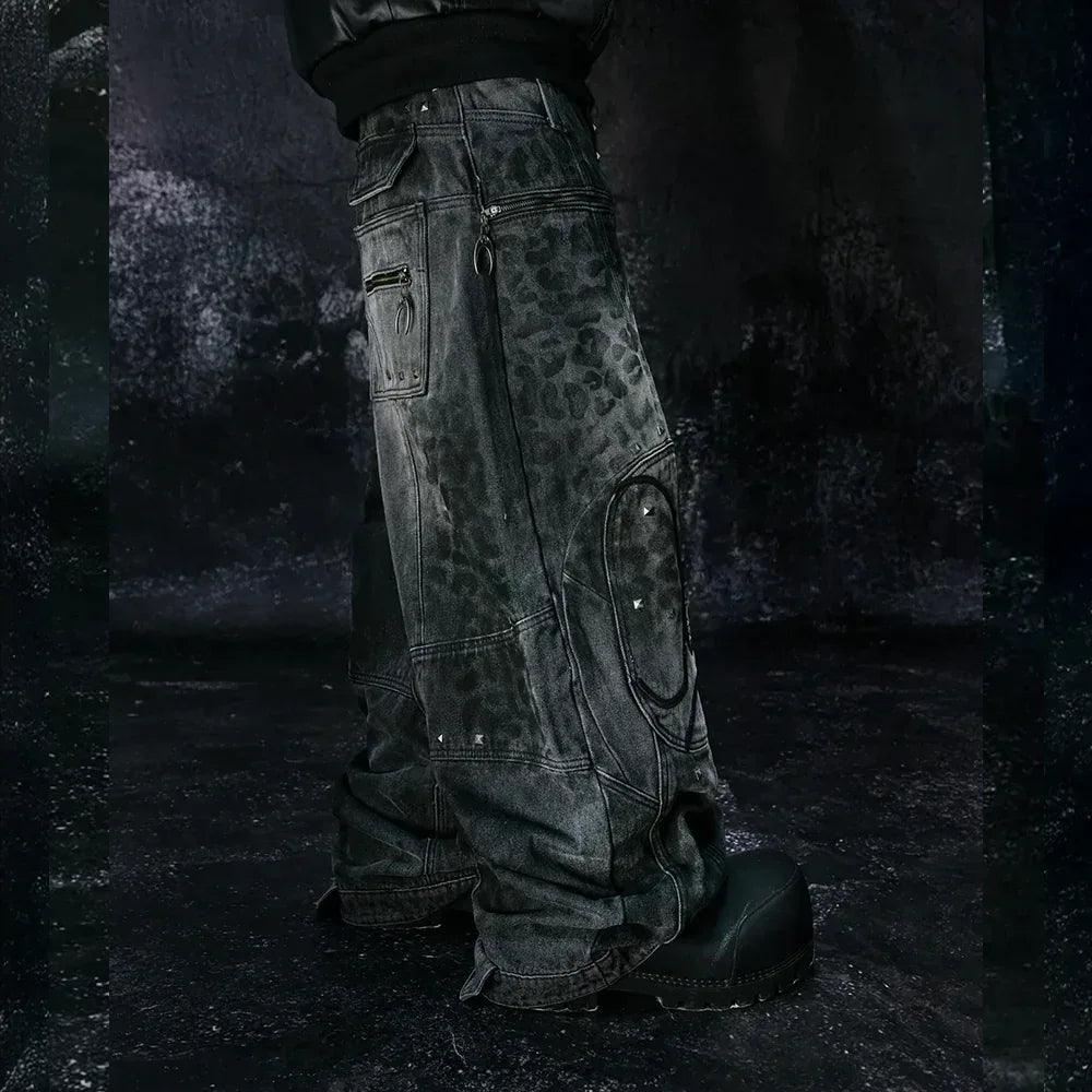 Leopard Waxed Grey Baggy Jeans - COZY WORLDWIDE - VENTURER