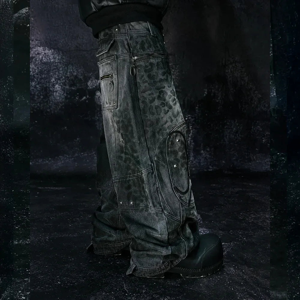 Leopard Waxed Grey Baggy Jeans - COZY WORLDWIDE - VENTURER