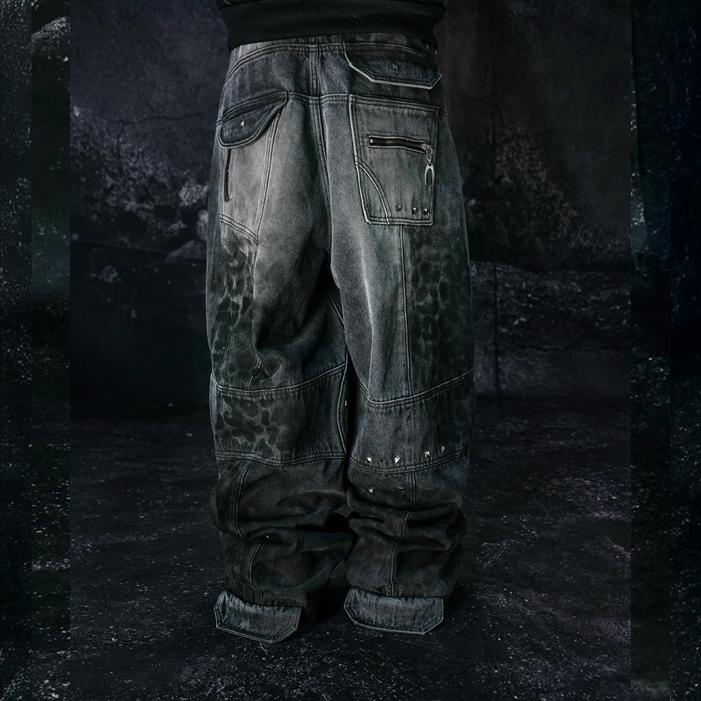 Leopard Waxed Gray Baggy Jeans
