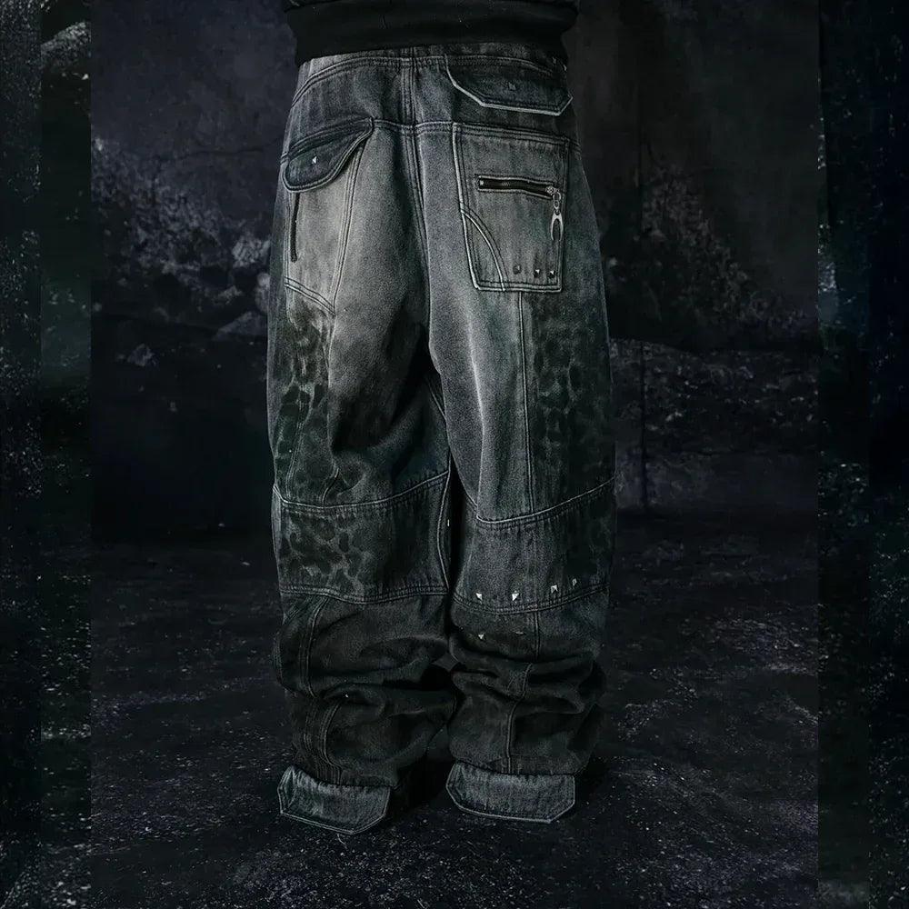 Leopard Waxed Grey Baggy Jeans - COZY WORLDWIDE - VENTURER