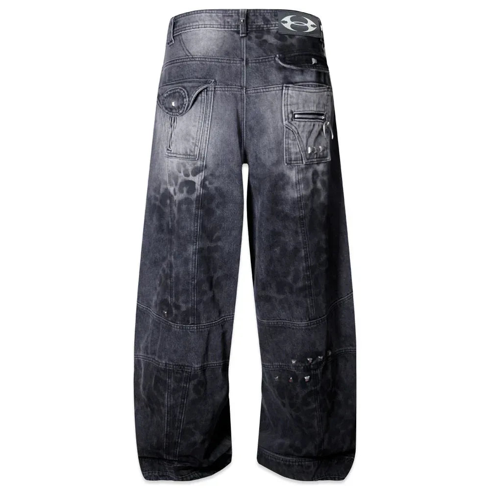 Leopard Waxed Grey Baggy Jeans - COZY WORLDWIDE - VENTURER