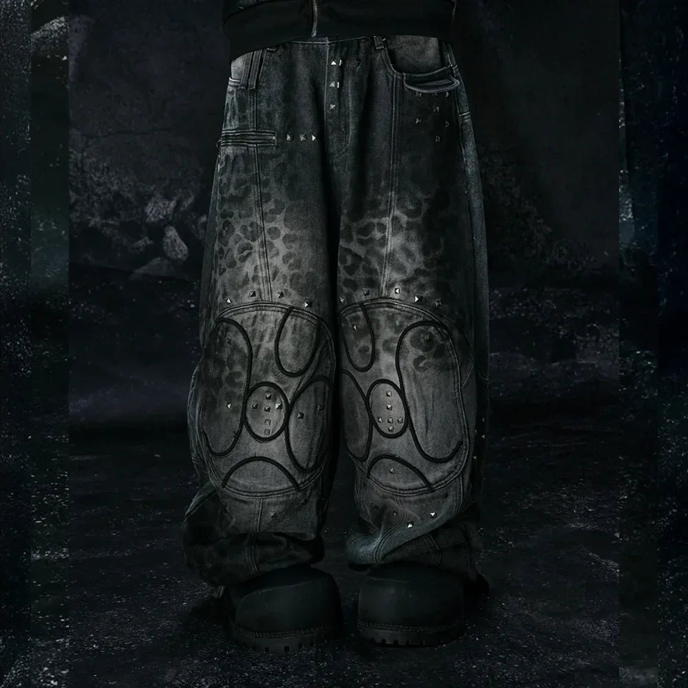 Leopard Waxed Grey Baggy Jeans - COZY WORLDWIDE - VENTURER