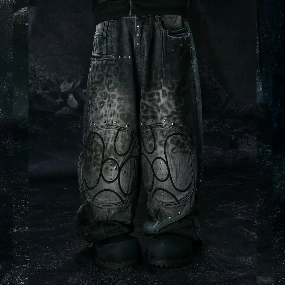 Leopard Waxed Grey Baggy Jeans - COZY WORLDWIDE - VENTURER