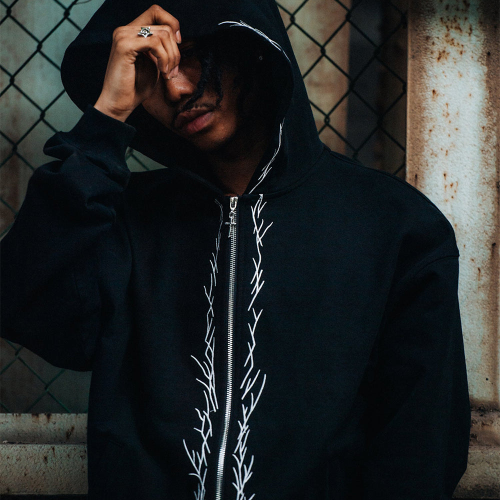 Stick Embroidery Zip Hoodie