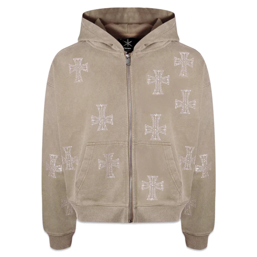 Outline Cross Rhinestone Zip Hoodie - UNKNOWN LONDON - VENTURER